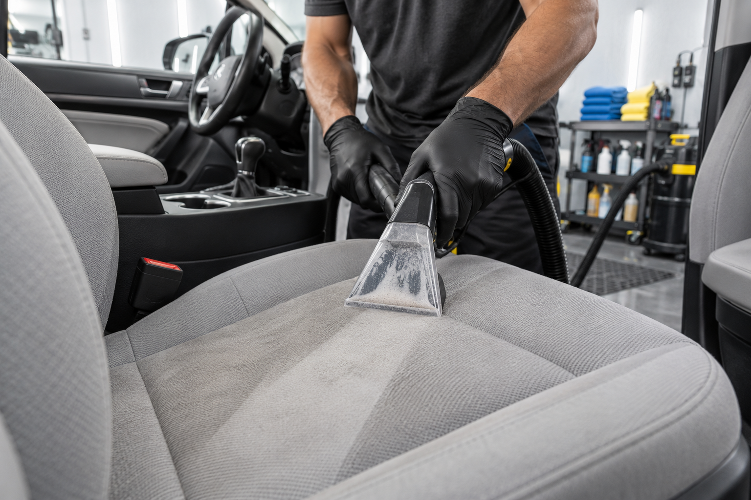 Professional upholstery extraction on a vehicle seat