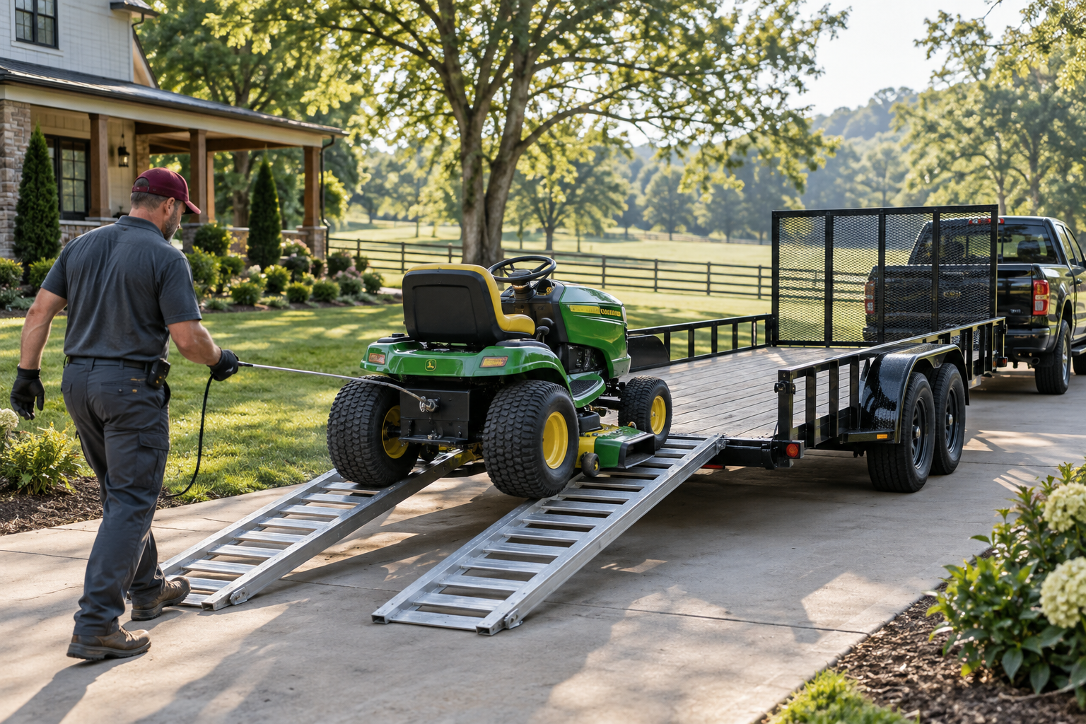 Professional loading a riding lawn mower onto a utility trailer
