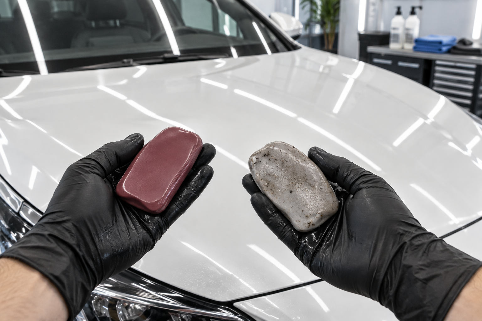 Clean and contaminated detailing clay after treating vehicle paint