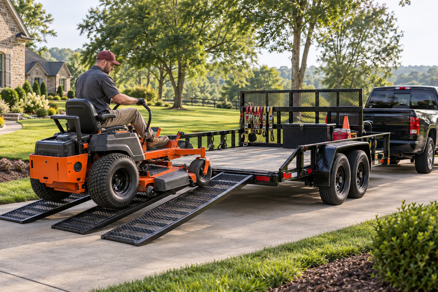 Professional loading a zero-turn lawn mower onto a utility trailer