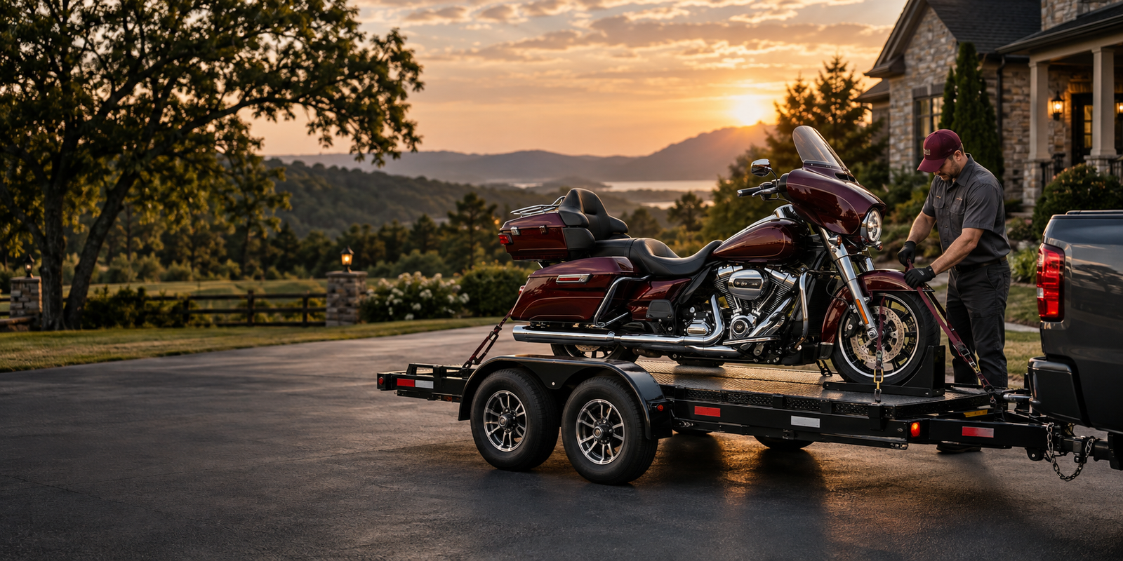 Touring motorcycle secured on a utility trailer for local transportation