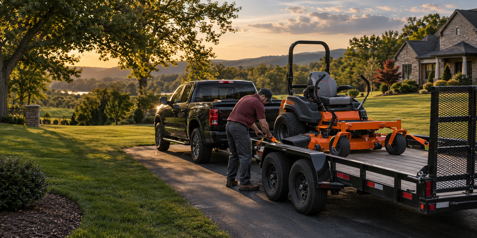 Zero-turn lawn mower secured on a utility trailer for local transportation