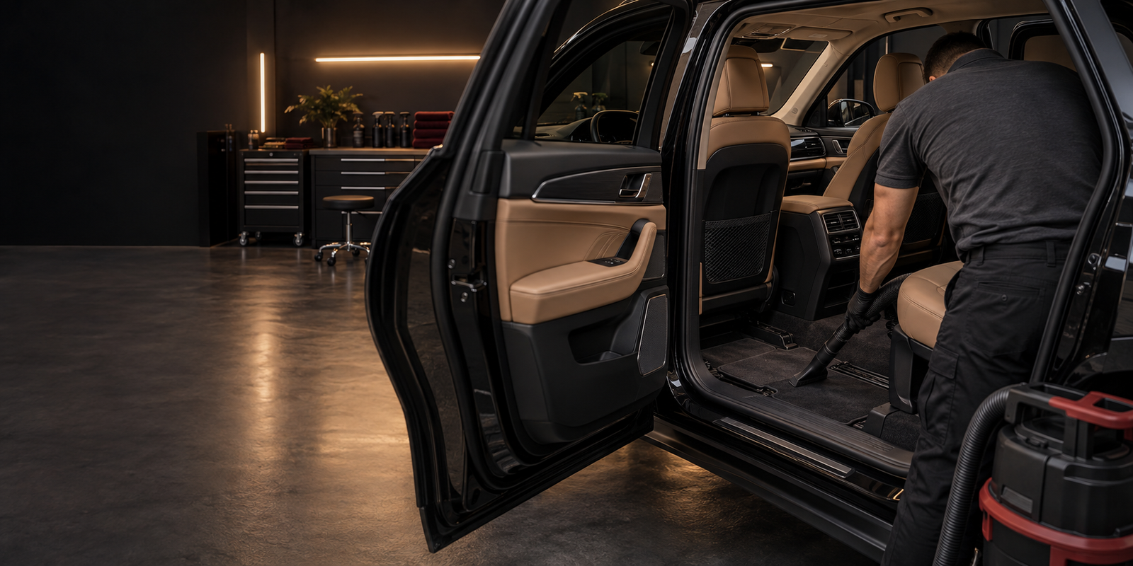 Professional vacuuming the interior of a luxury SUV