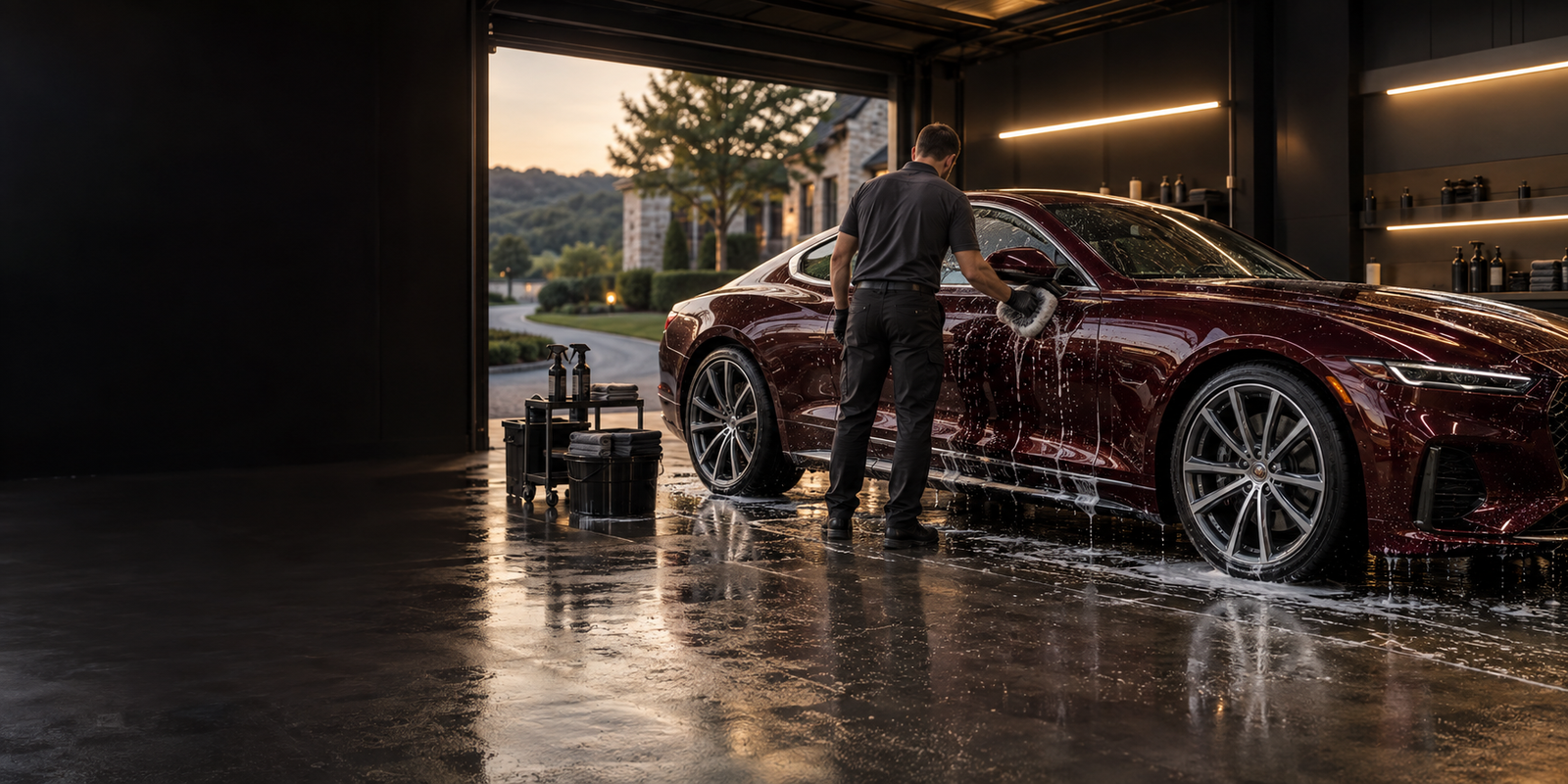Professional hand washing a deep burgundy luxury vehicle
