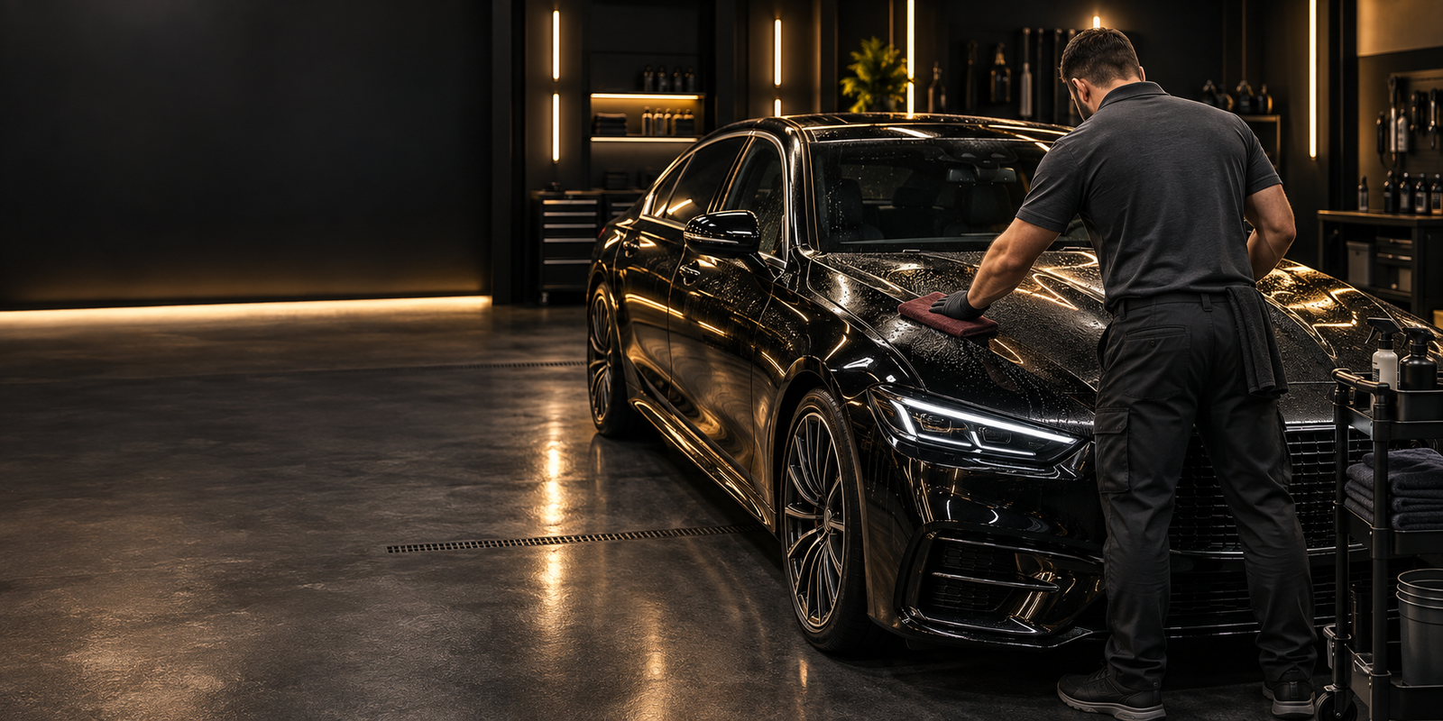 Professional performing a clay bar treatment on a black vehicle