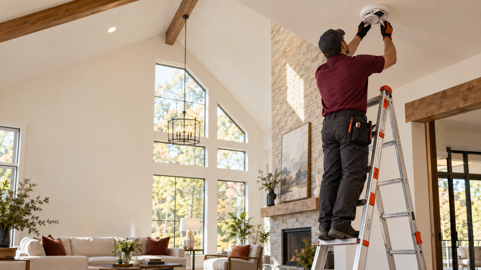 Technician replacing batteries in household safety devices