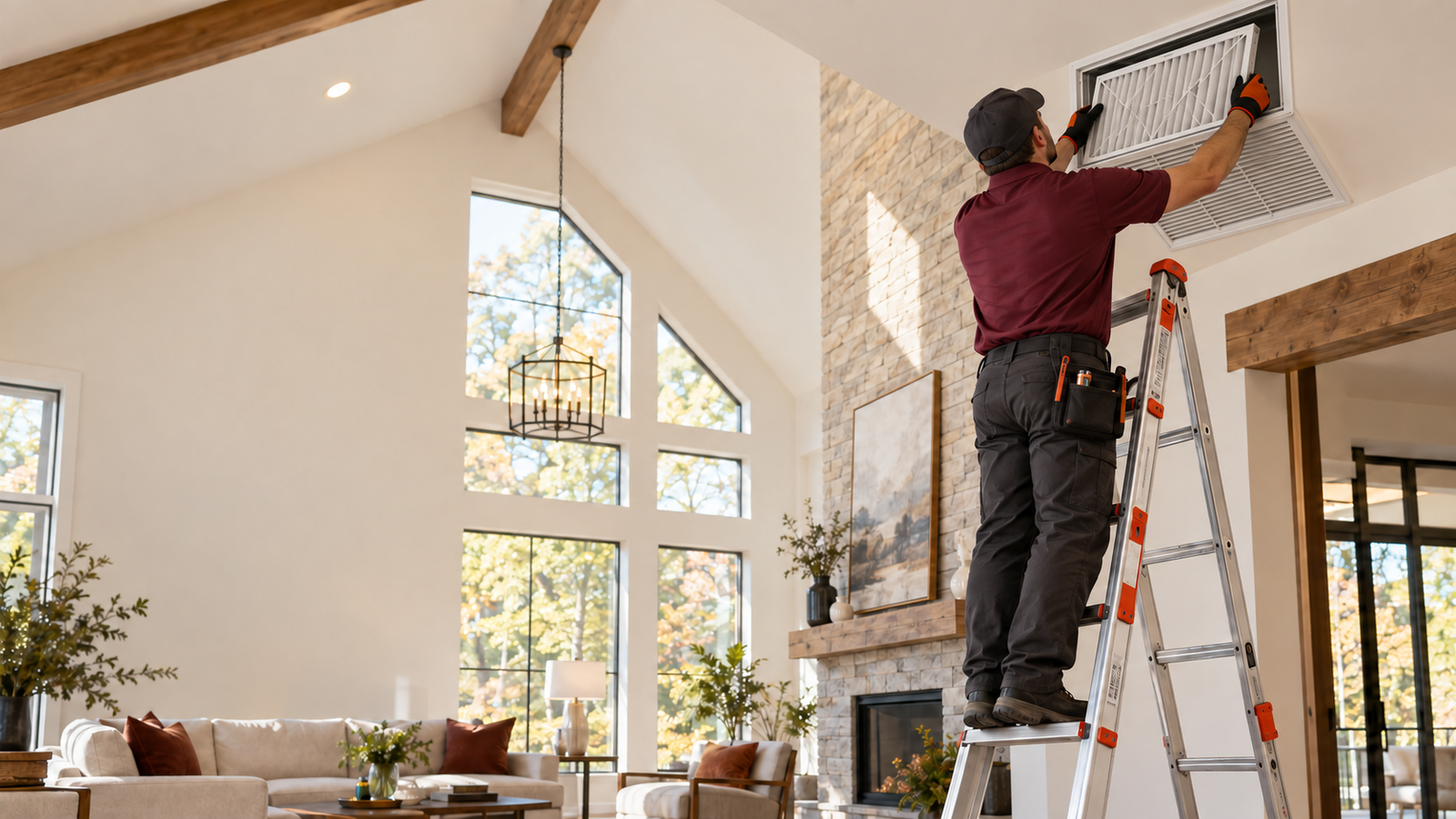 Technician replacing a ceiling-mounted HVAC filter
