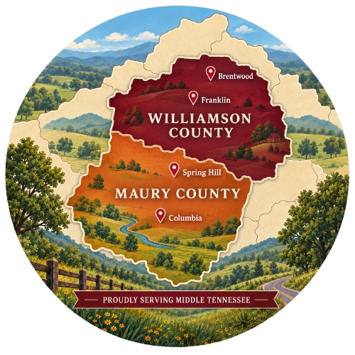 Illustrated service area map of Maury County and Williamson County, Tennessee