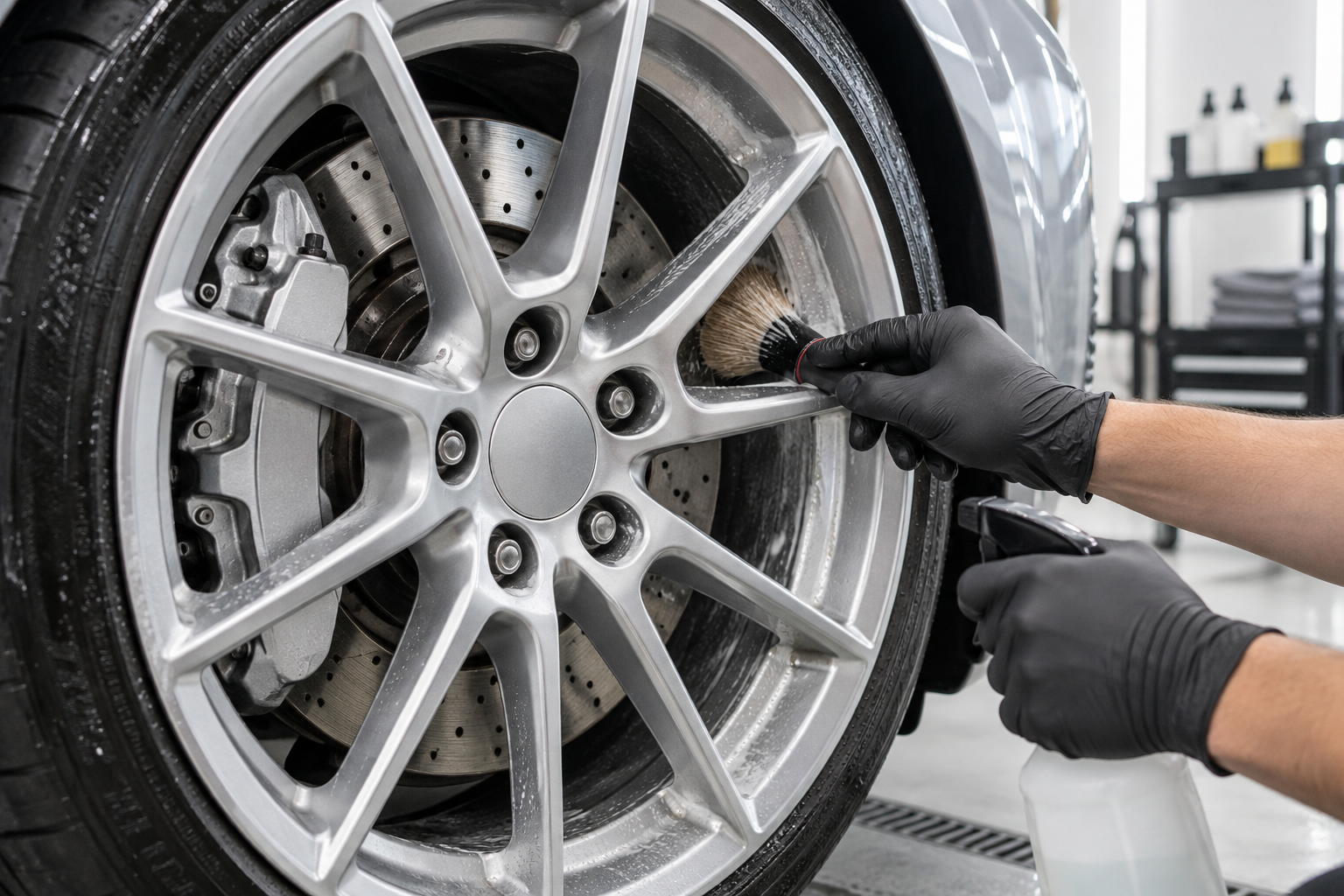 Professional detailer cleaning the spokes and inner barrel of an alloy wheel