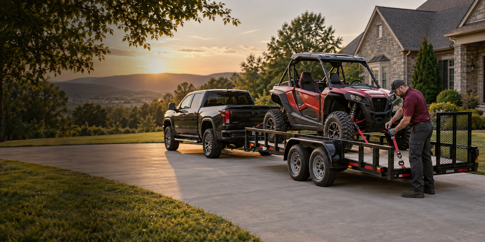 Professional equipment transportation with a pickup truck, utility trailer and UTV