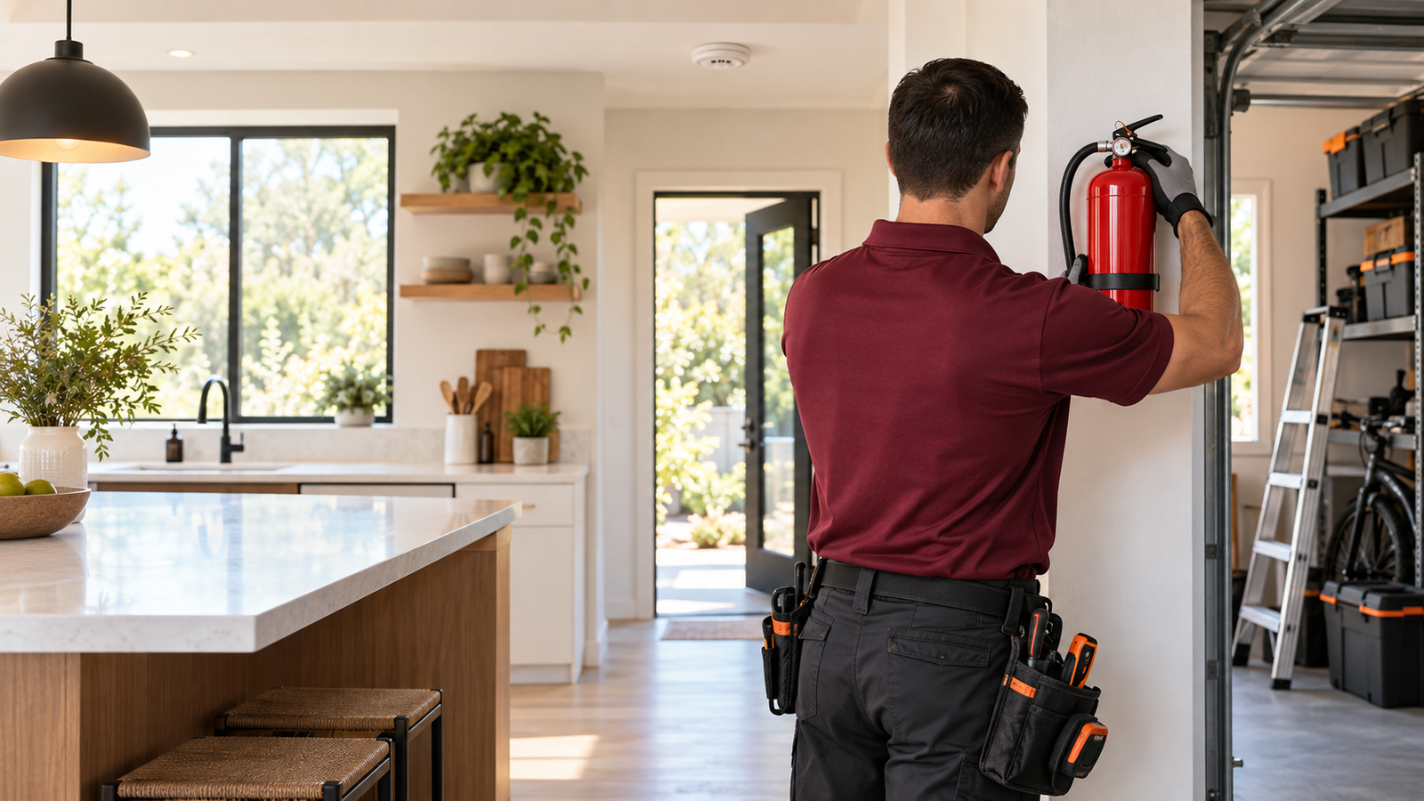 Technician placing a residential fire extinguisher