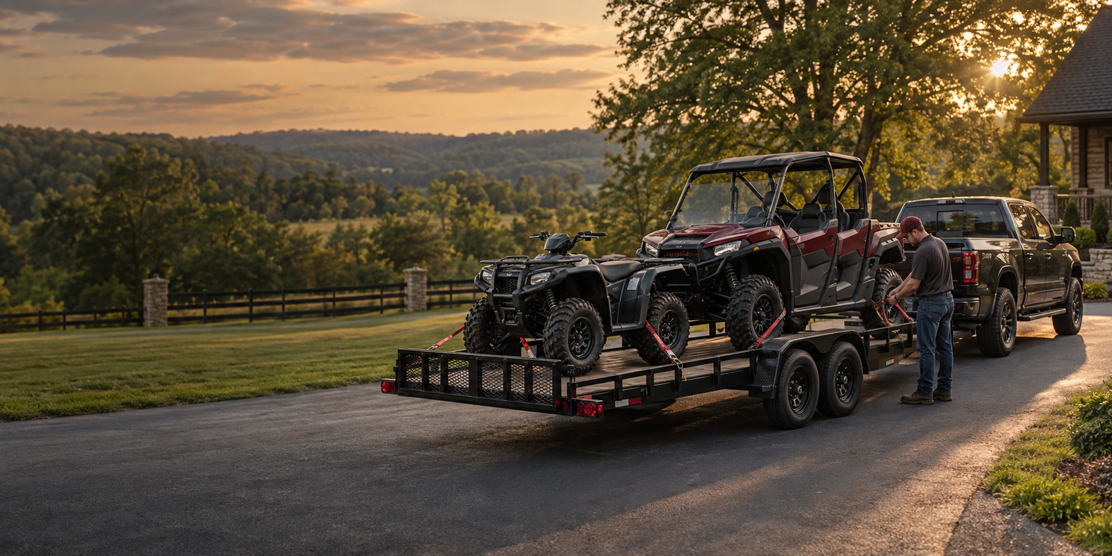 ATV and UTV secured on a utility trailer for local transportation
