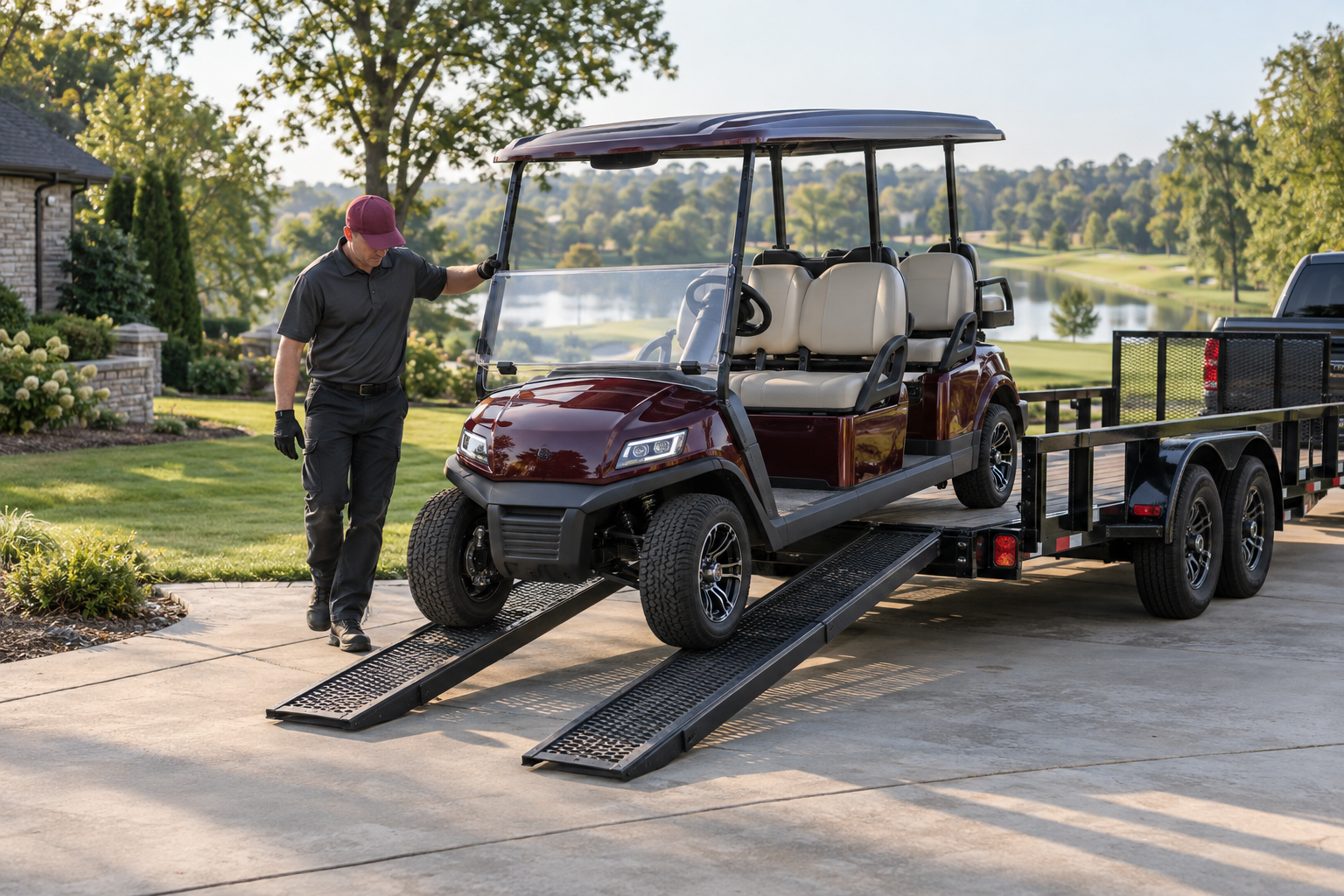 Professional safely delivering a burgundy golf cart from a utility trailer
