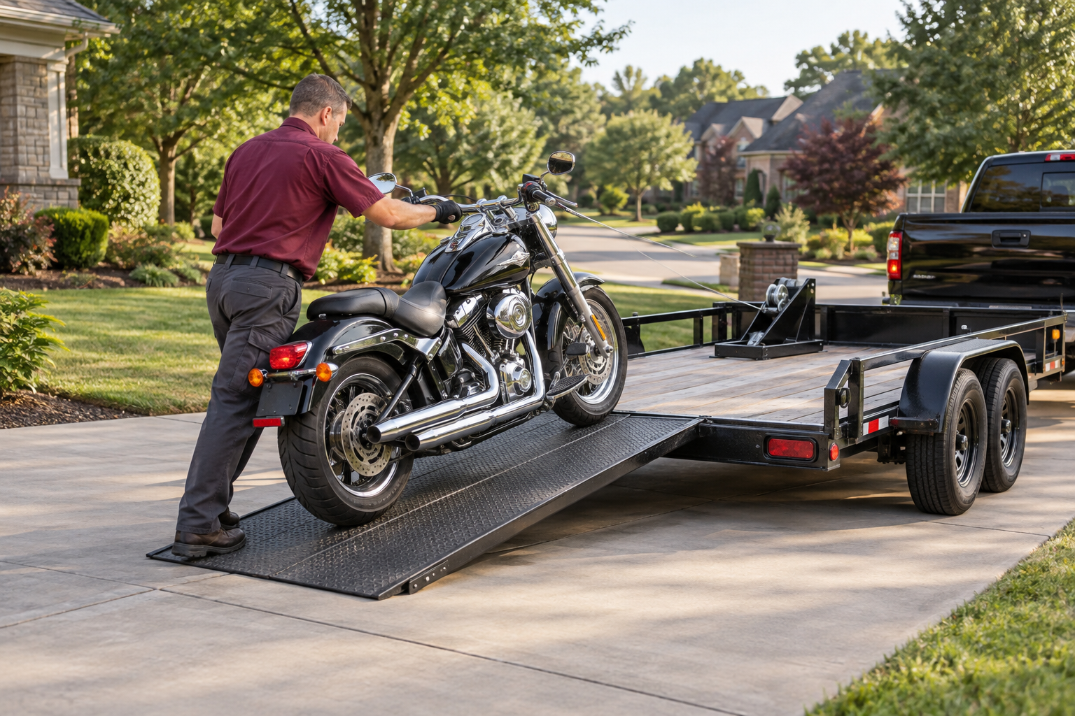 Professional carefully loading a motorcycle onto a utility trailer