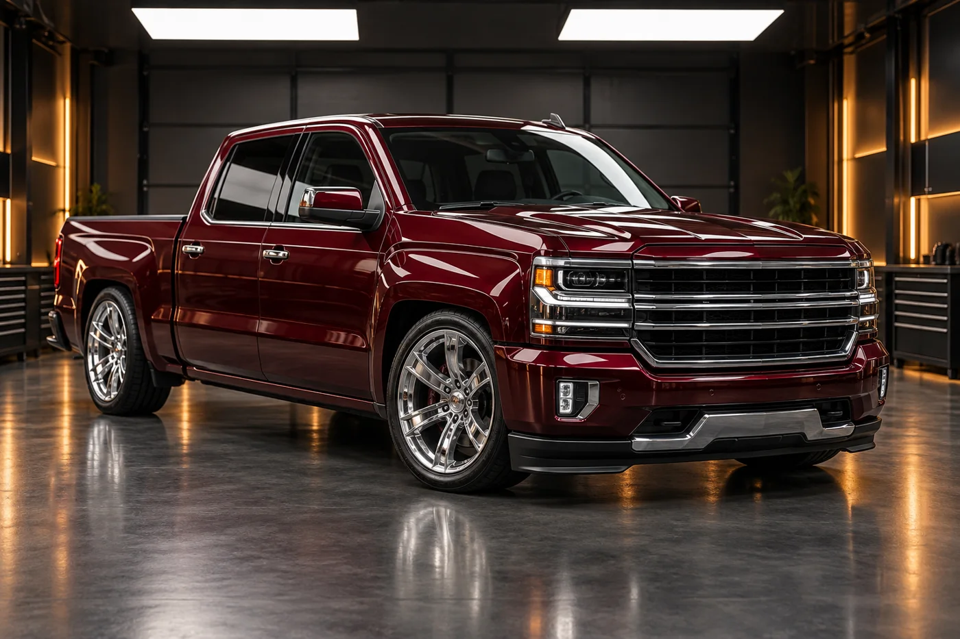 Polished burgundy pickup in a detailing studio