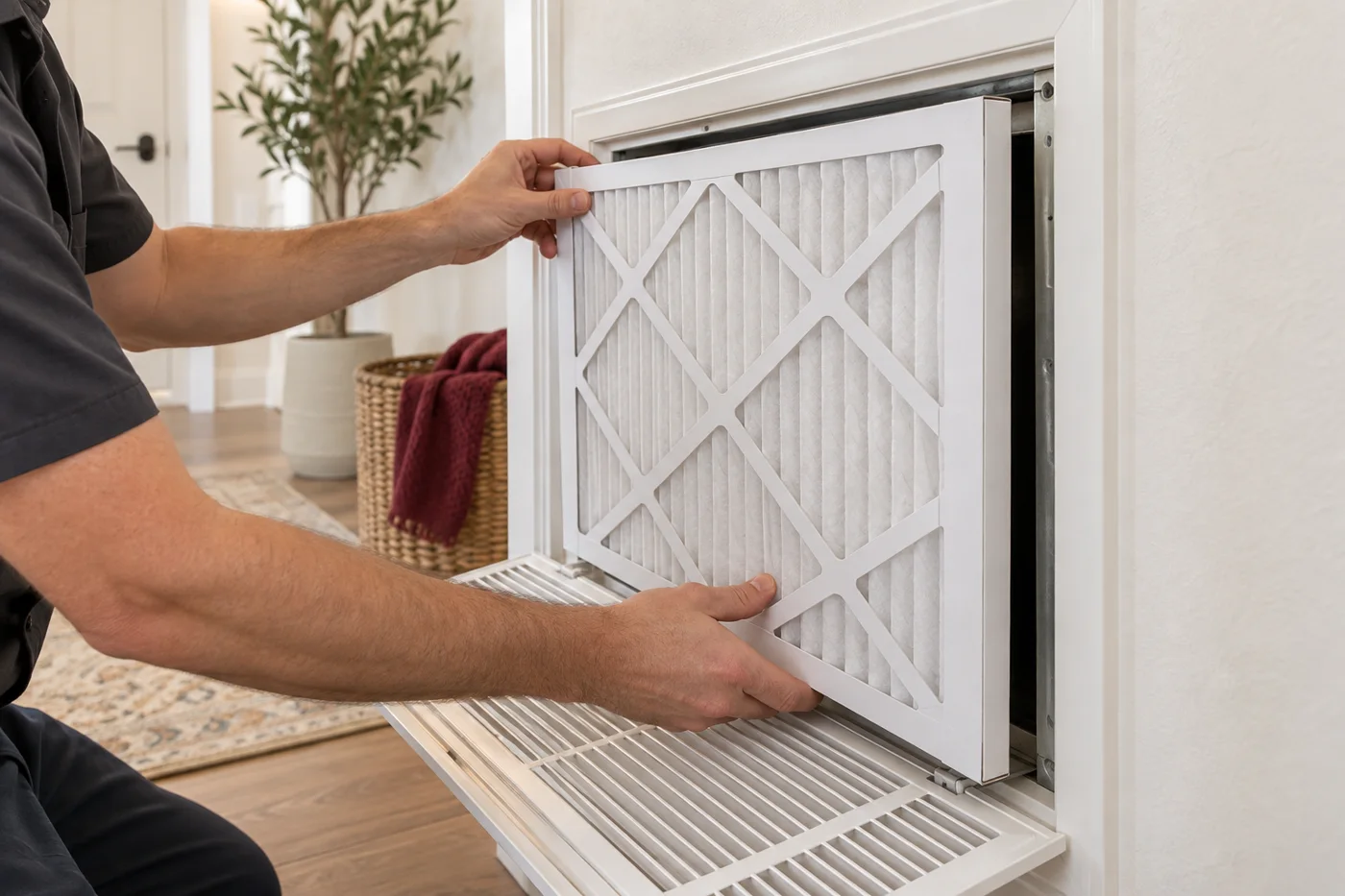 Hands replacing a household HVAC filter