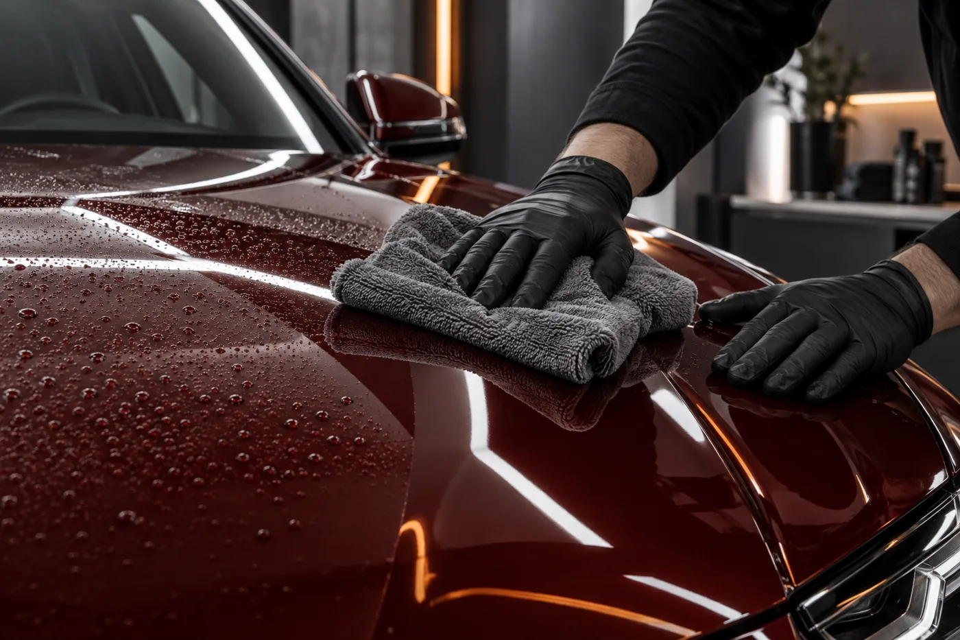 Microfiber cloth caring for burgundy exterior paint