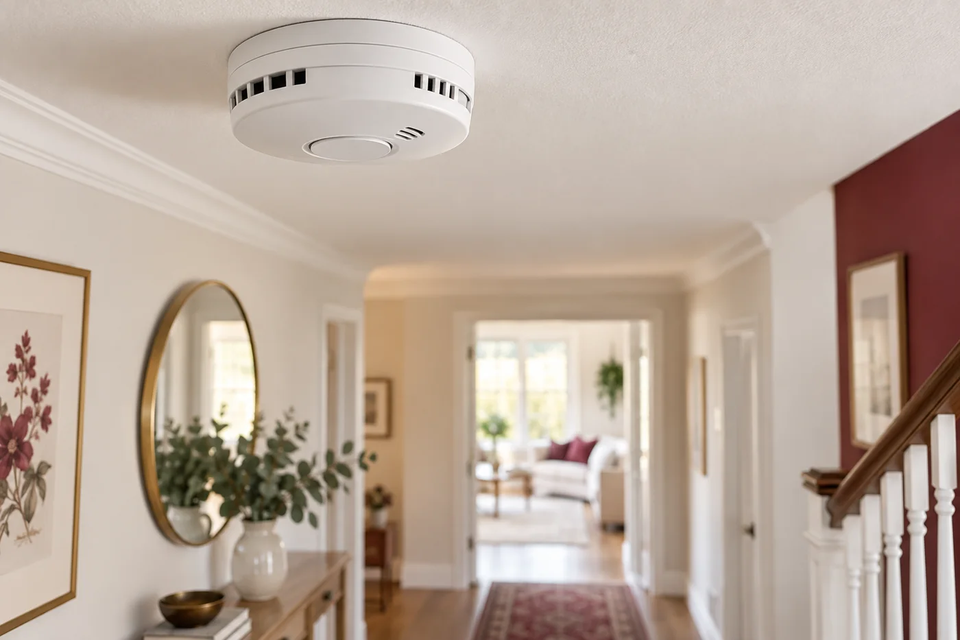 White smoke alarm in a residential hallway