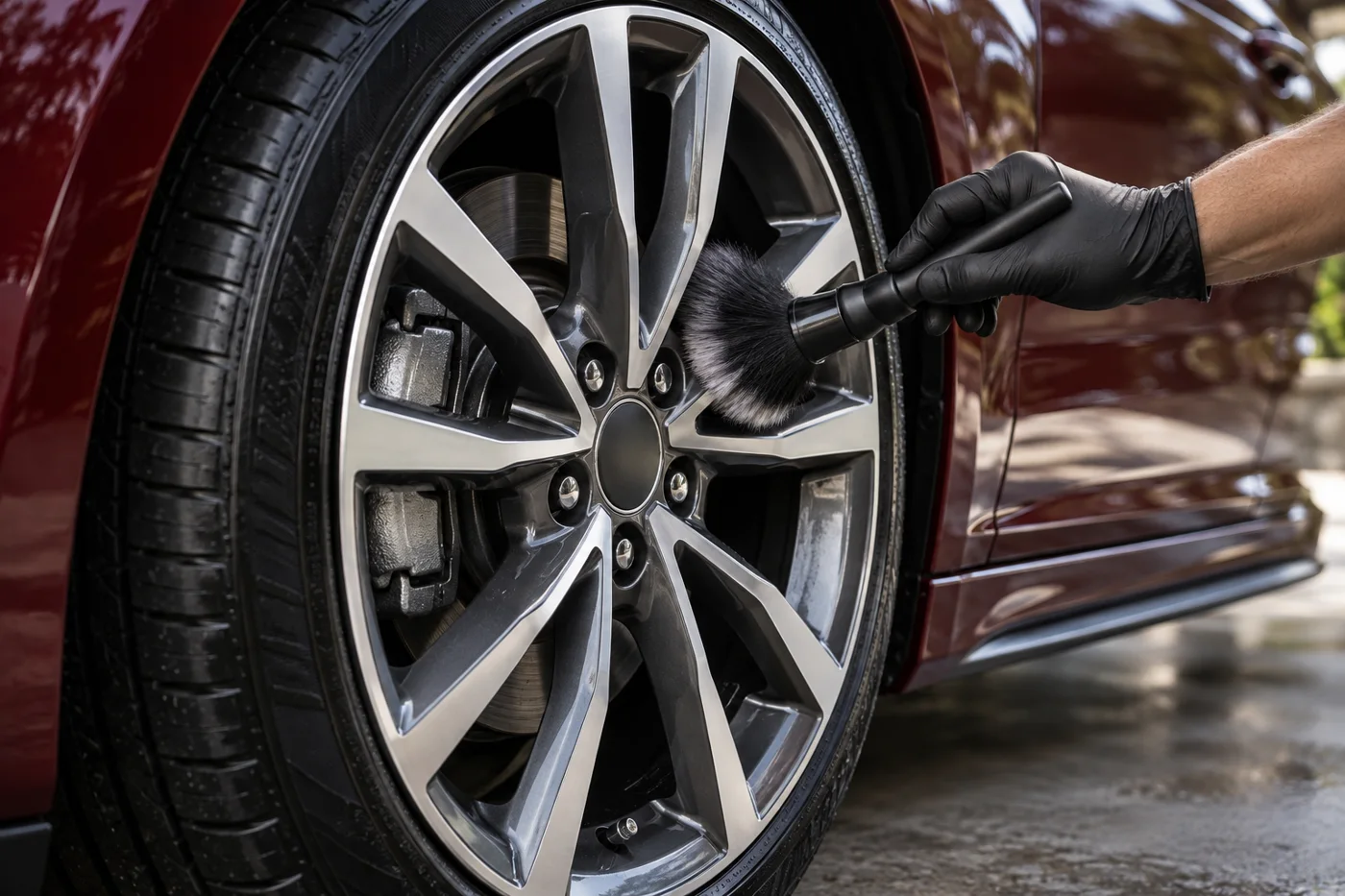 Detailing brush cleaning an alloy wheel