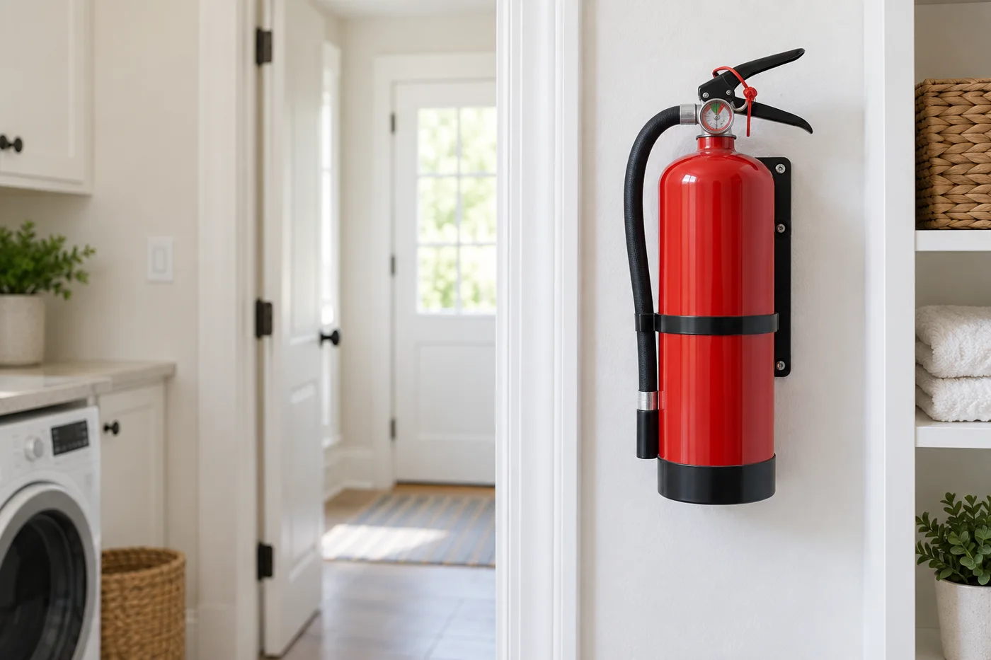 Red residential fire extinguisher mounted in an accessible location