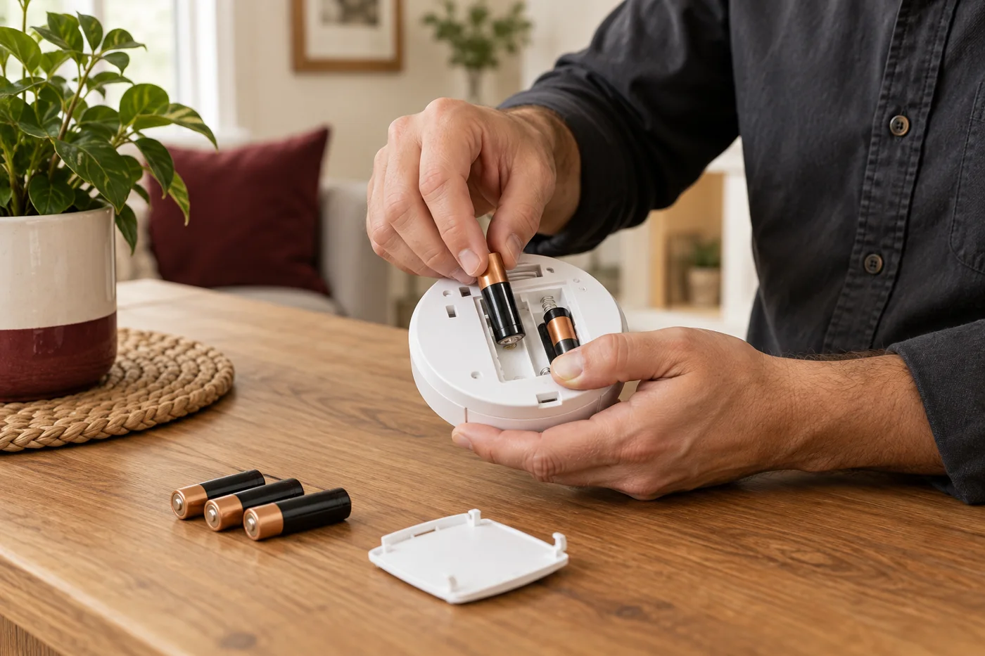 Hands replacing household safety device batteries