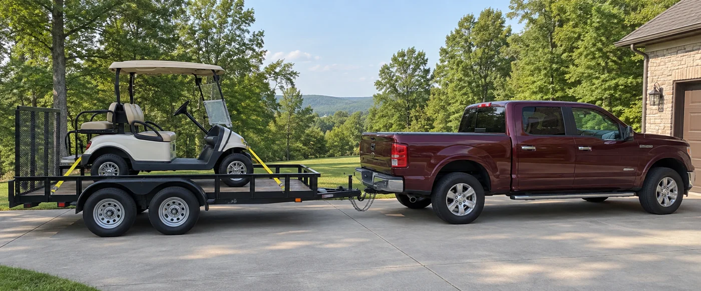 Golf cart loaded on a utility trailer