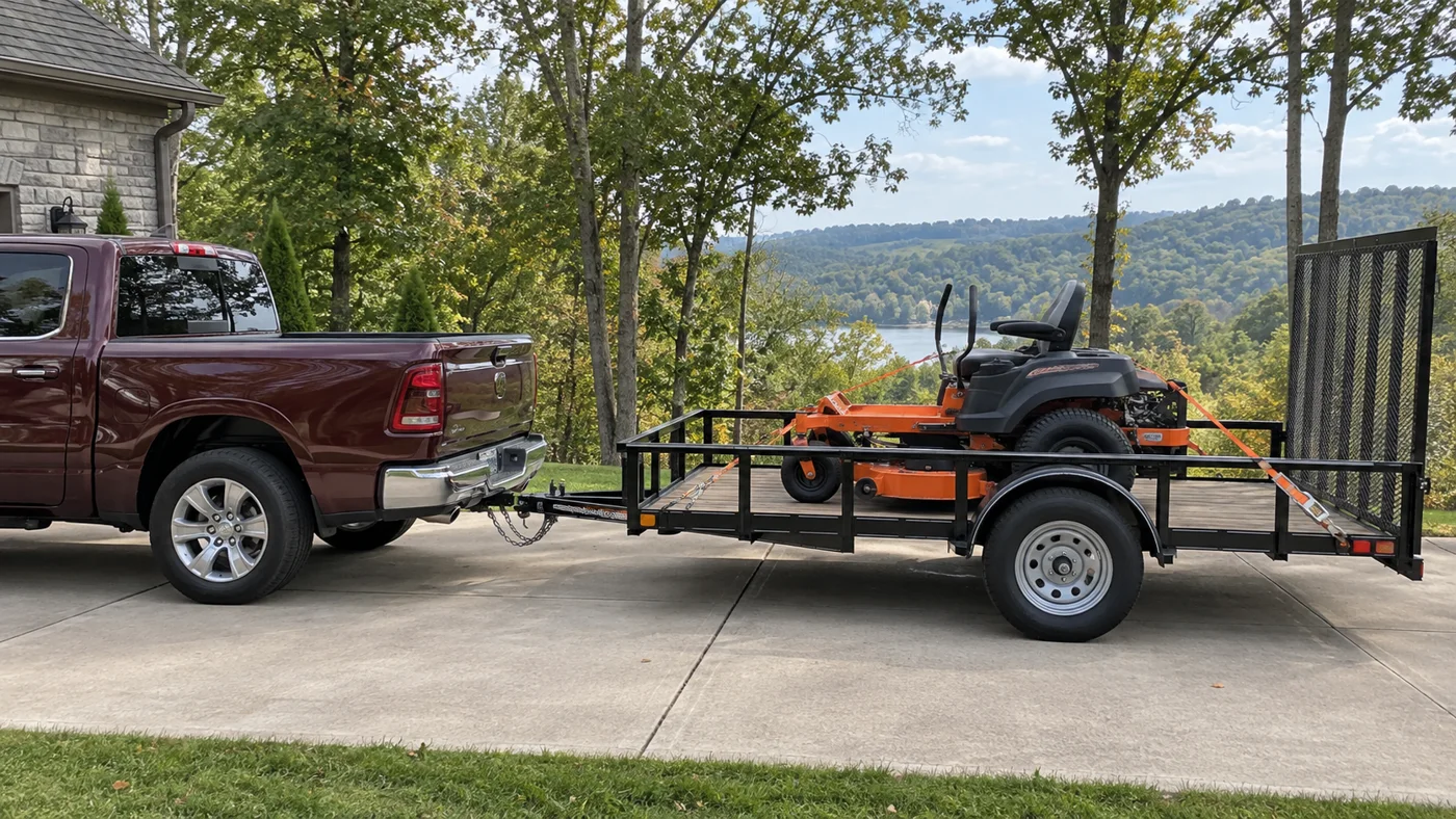 Riding mower loaded on a utility trailer