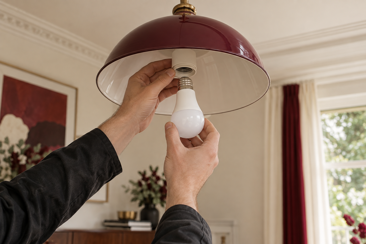 Hands replacing an LED light bulb in a household fixture