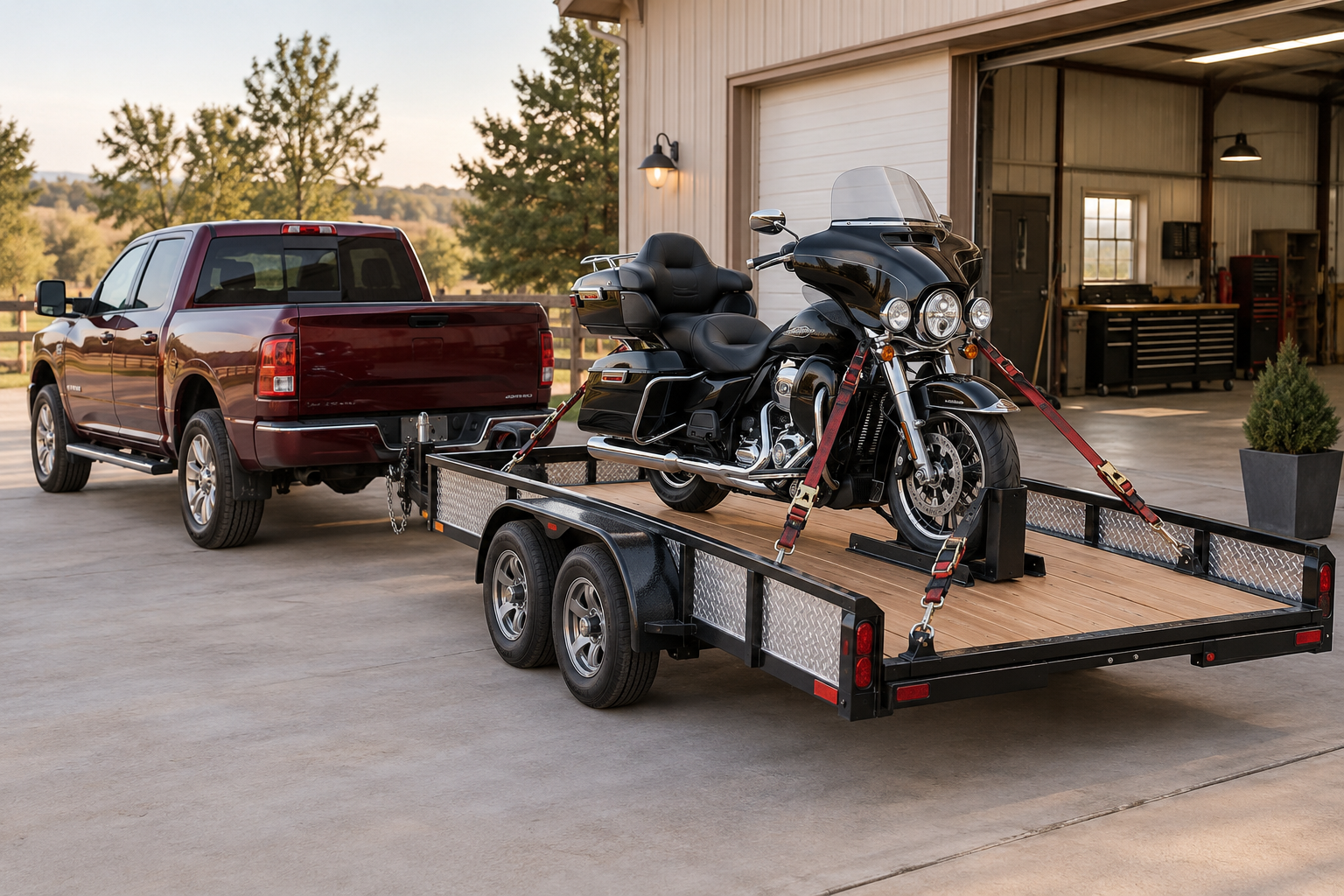 Motorcycle secured on a trailer with a wheel chock and tie-down straps