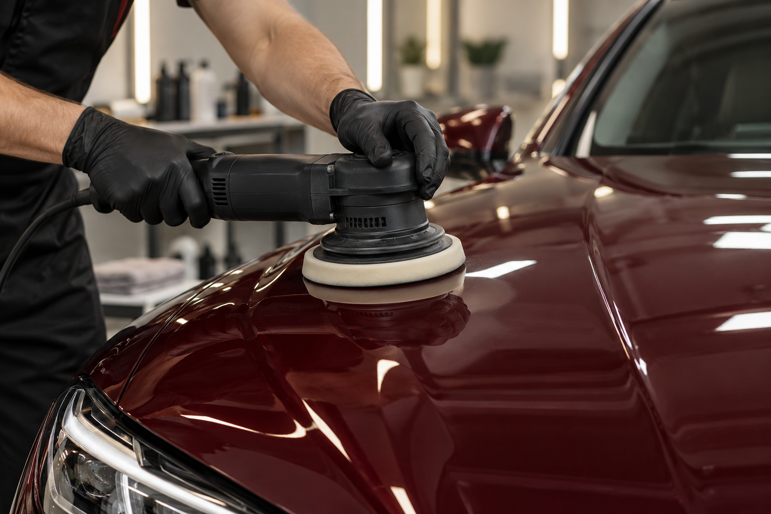 Machine polishing a burgundy vehicle hood