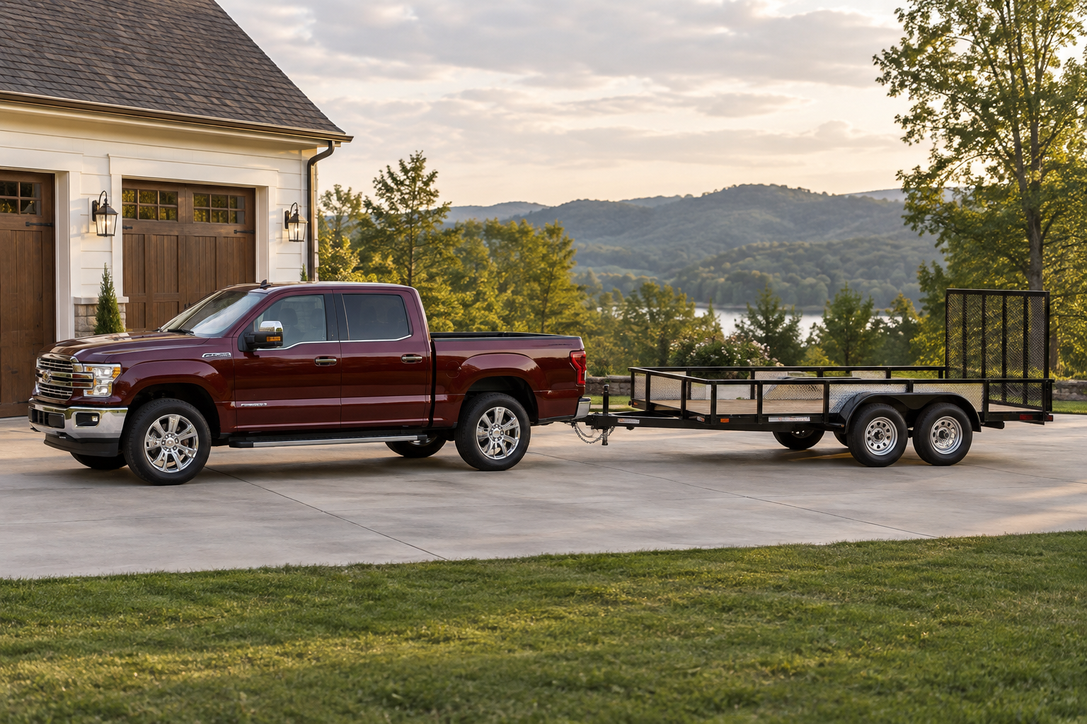 Burgundy pickup attached to a utility trailer